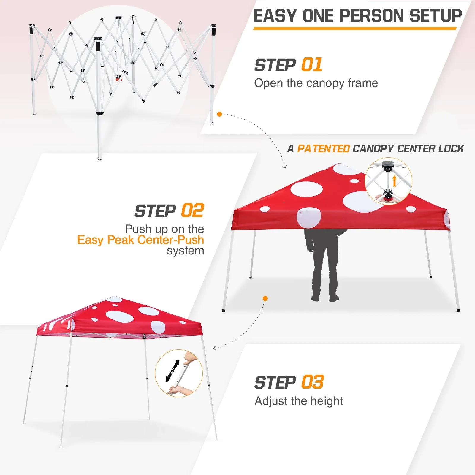10x10 Slant Leg Pop-up Canopy Tent, 10x10 Base 8x8 Top (Red Mushroom)