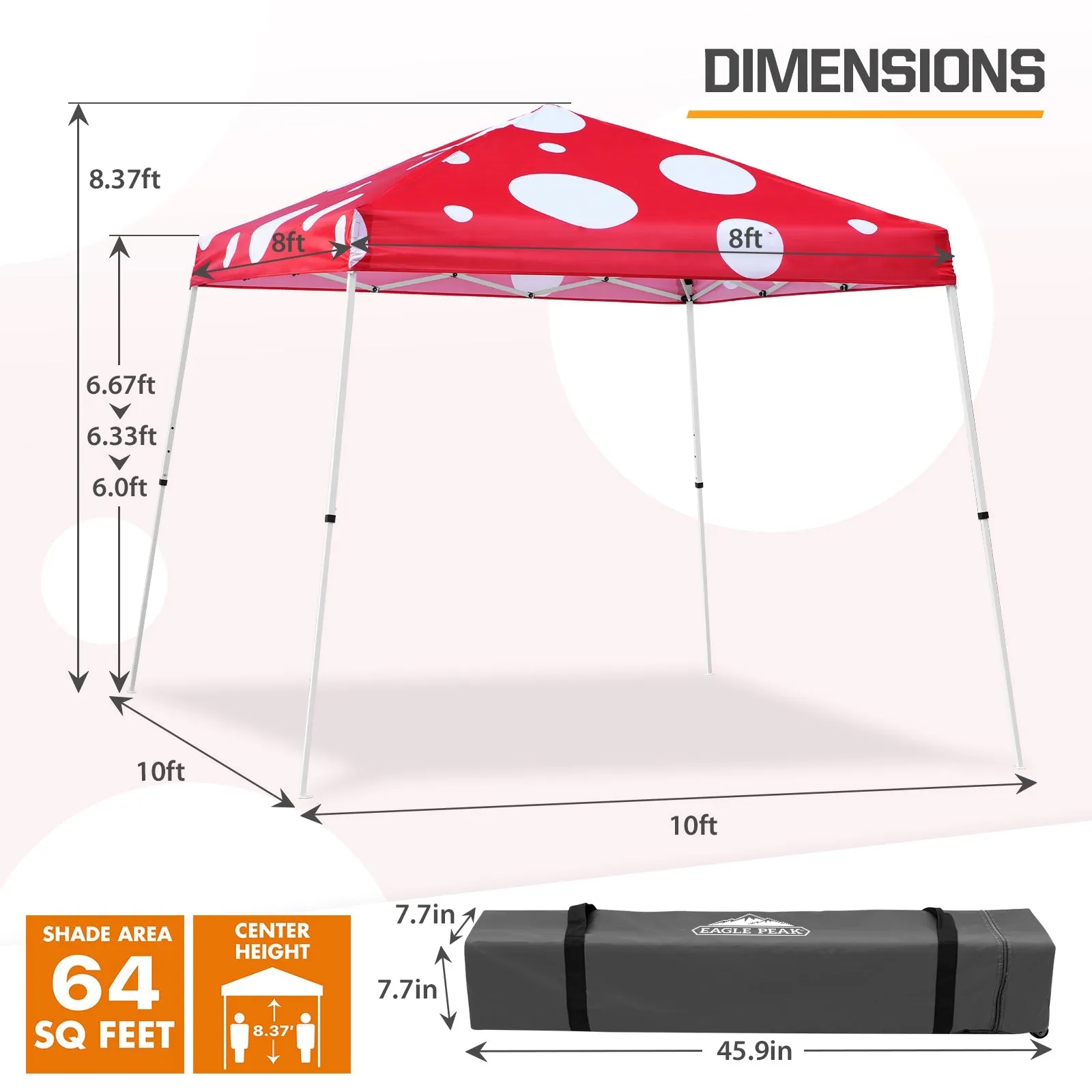 10x10 Slant Leg Pop-up Canopy Tent, 10x10 Base 8x8 Top (Red Mushroom)