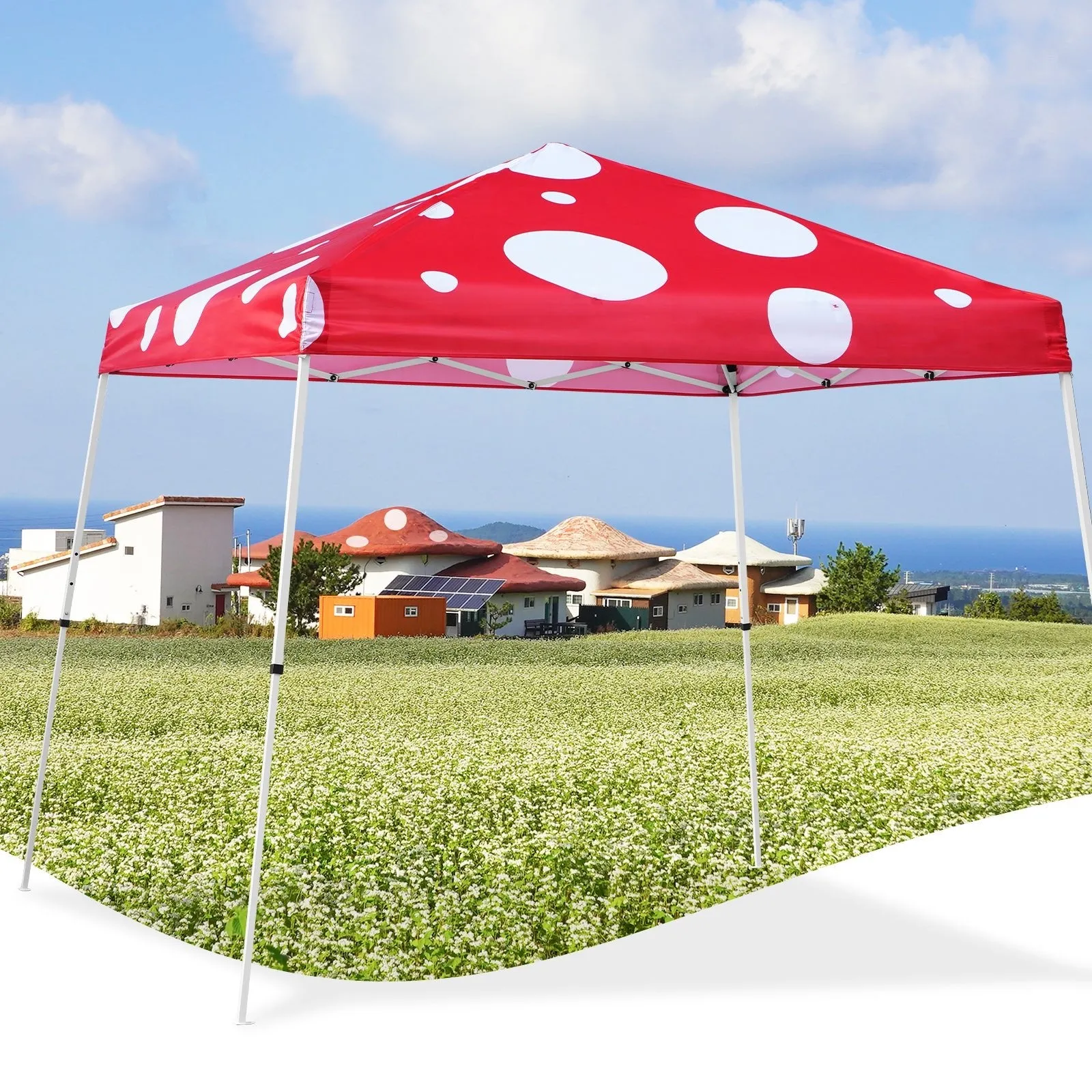 10x10 Slant Leg Pop-up Canopy Tent, 10x10 Base 8x8 Top (Red Mushroom)