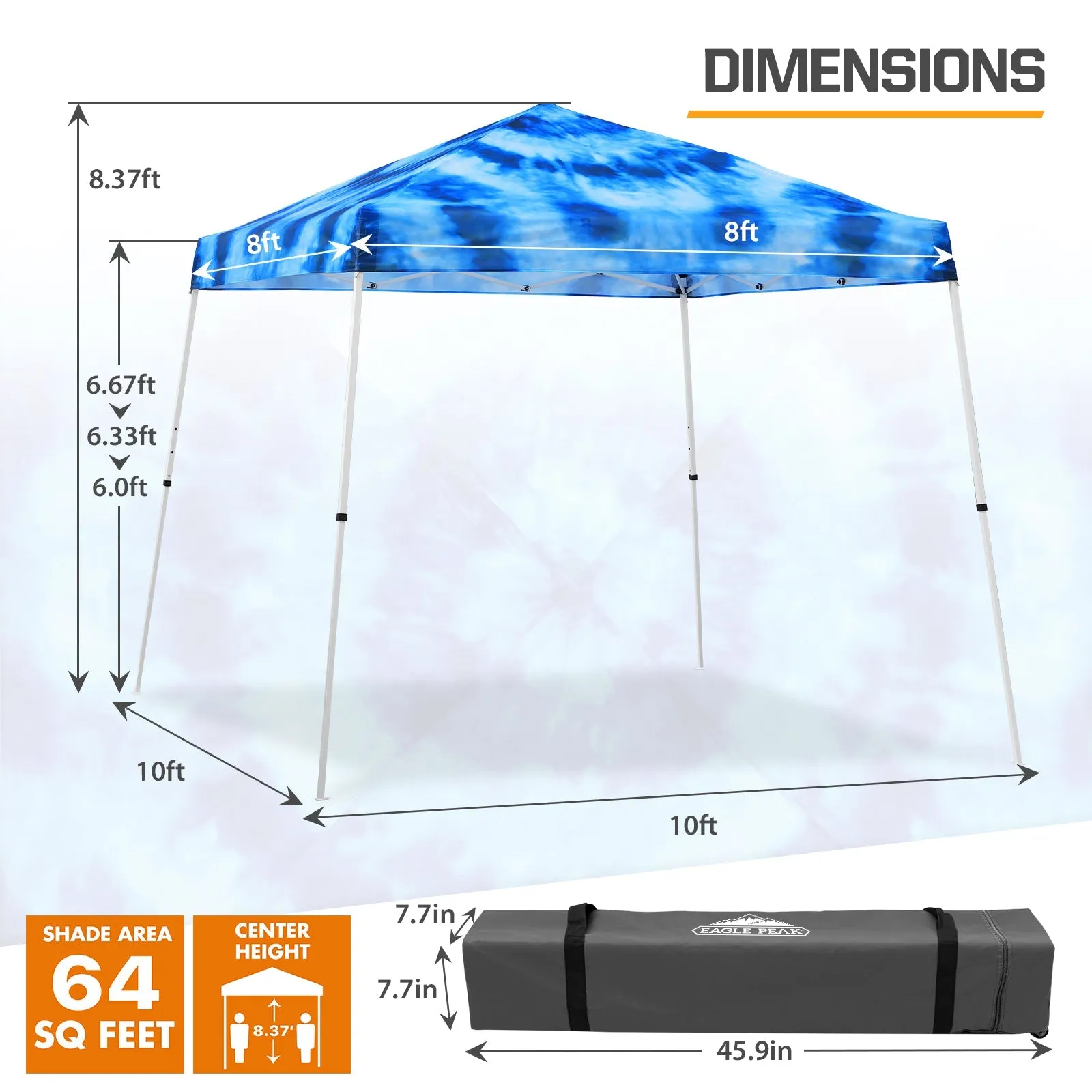 10x10 Slant Leg Pop-up Canopy Tent, 10x10 Base 8x8 Top (Tie Dye Blue)