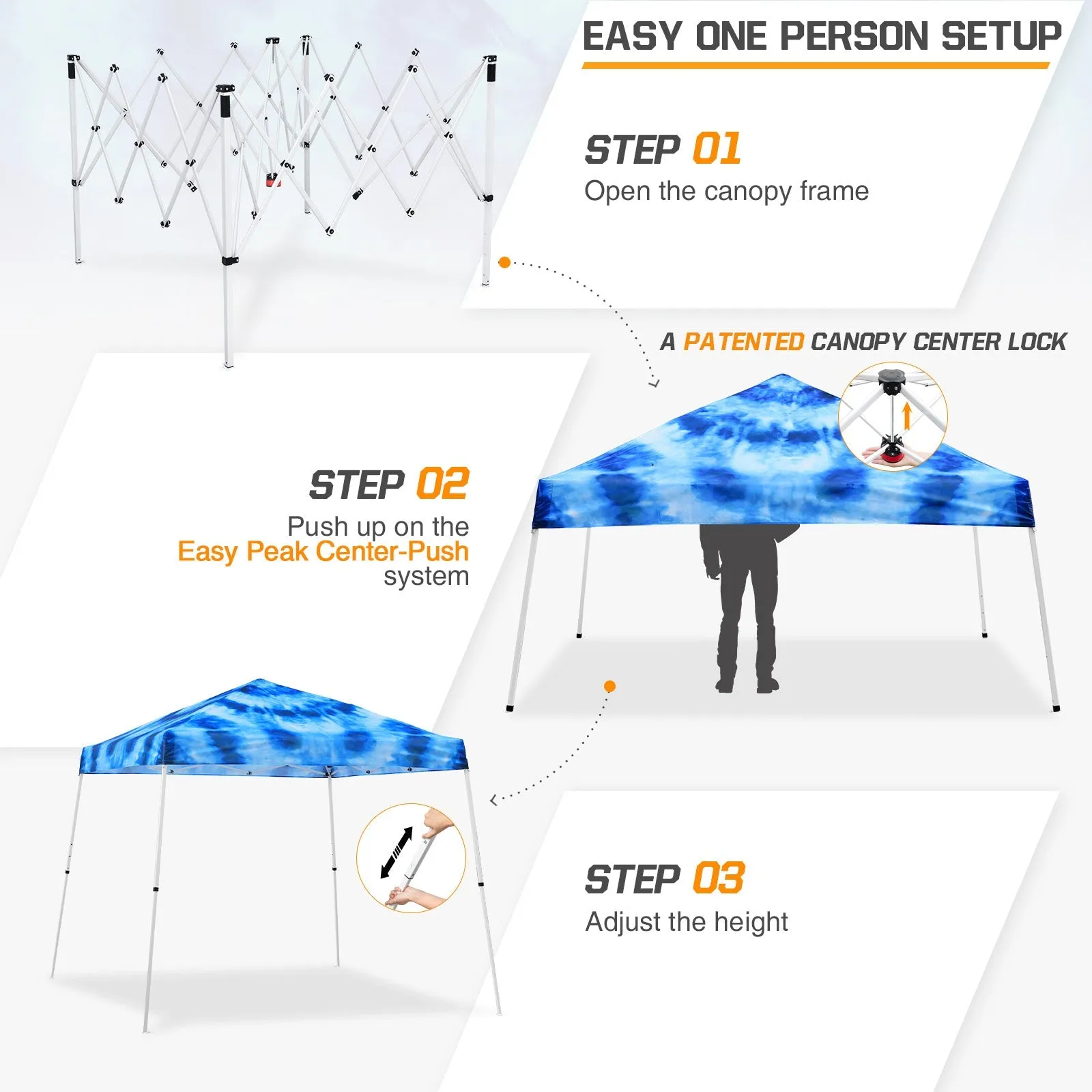 10x10 Slant Leg Pop-up Canopy Tent, 10x10 Base 8x8 Top (Tie Dye Blue)