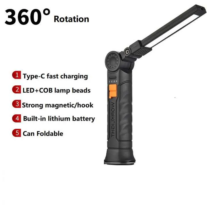 2-Pack Black 360° Rotating COB LED Magnetic Work Lights | Rechargeable Flashlights for Auto Repair & Emergencies