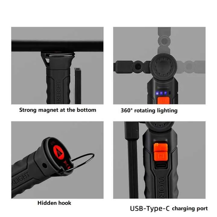 2-Pack Black 360° Rotating COB LED Magnetic Work Lights | Rechargeable Flashlights for Auto Repair & Emergencies