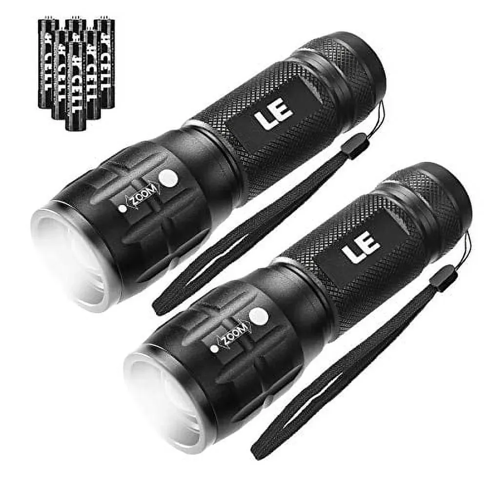 LE 2-Packs LED Flash Light LE1000 High Lumens, Mini Multifunction Tactical Flashlight , Zoomable, Waterproof, Adjustable Brightness, for Camping, Outdoor, and Emergency Use (AAA Batteries Included)